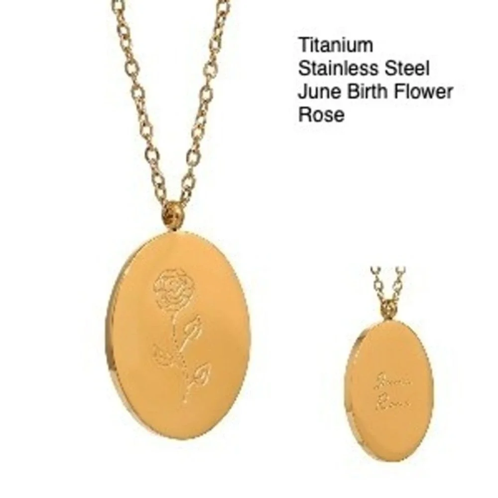 Gold Tone Titanium Pendant Necklace June Birth Flower Rose Stainless Steel Chain